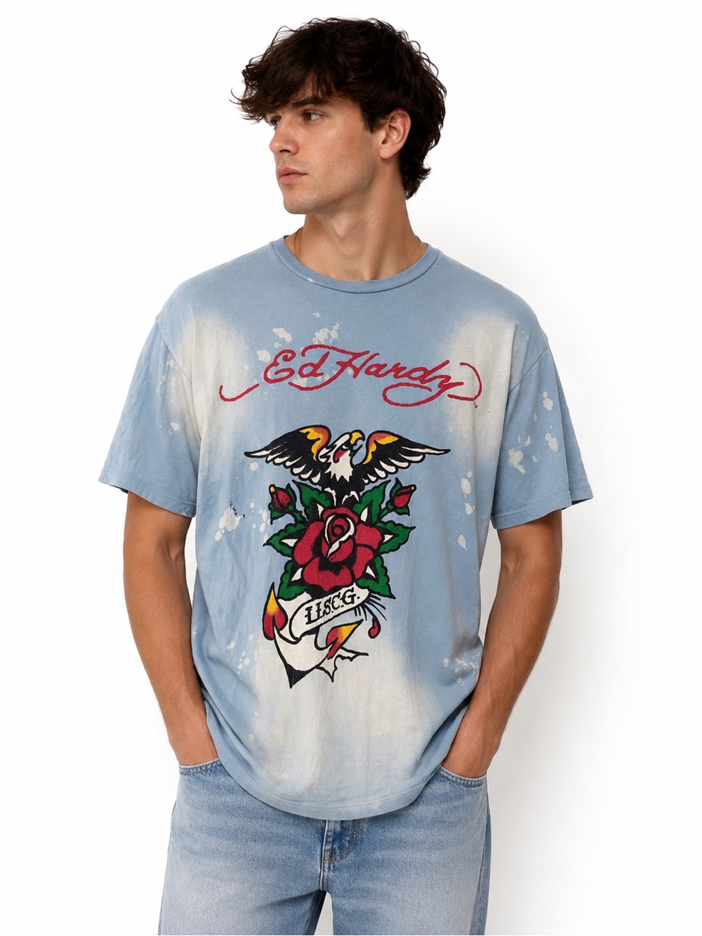 Vintage Ed Hardy Y2K Distressed Light Blue Tshirt with Red Rose & Eagle Graphi